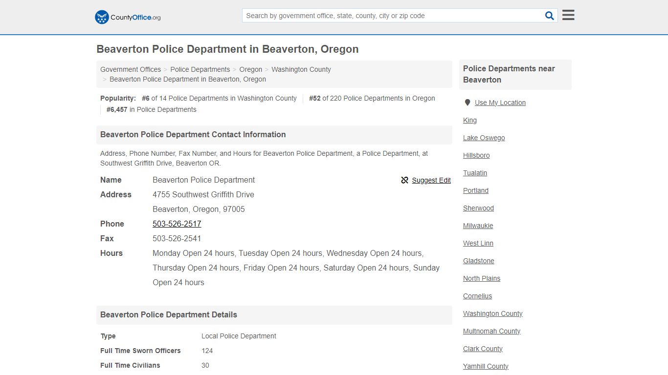 Beaverton Police Department in Beaverton, Oregon - County Office